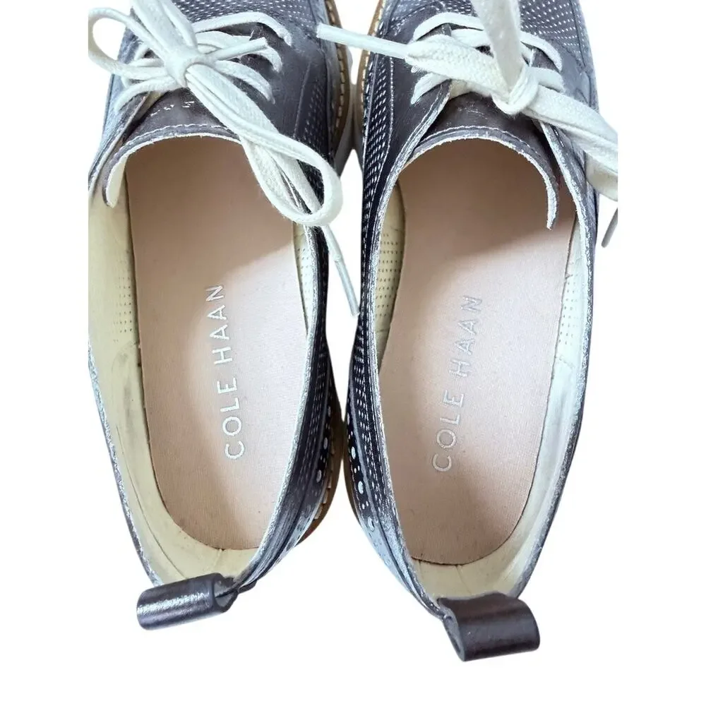 Cole Haan Metallic Pewter Grand Wingtip  Oxfords Sz 9B Platform Lace Up Shoes